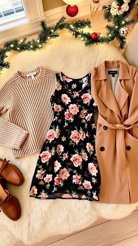 Stylish Christmas Wishlist for Clothing A selection of stylish clothing items for Christmas, including a sweater, dress, and coat, surrounded by holiday decorations.